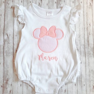 Disney Ruffle Romper, Baby Disney Outfit, Embroidered Pink Seersucker Minnie Disney Romper, girls Disney Outfit,