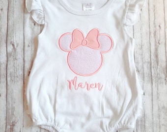 Disney Ruffle Romper, Baby Disney Outfit, Embroidered Pink Seersucker Minnie Disney Romper, girls Disney Outfit,