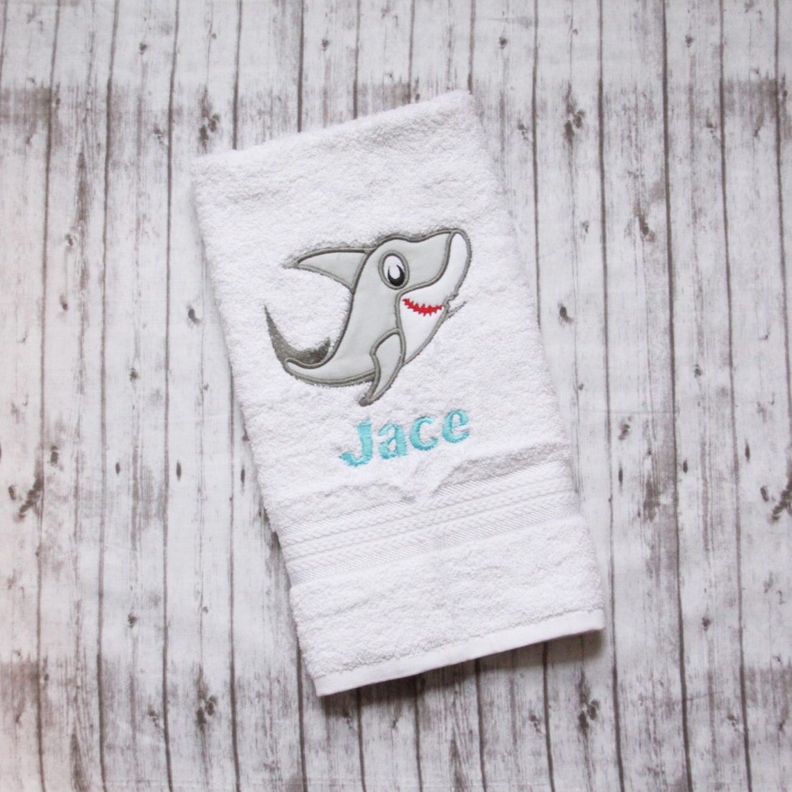 Shark Towel Set Embroidered Shark Bath Towels Boys Bathroom Etsy