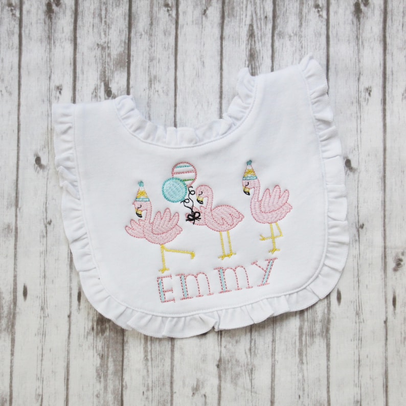 Baby Ruffle Bib First Birthday Bib Monogrammed Birthday Bib Flamingo Birthday Ruffle Bib