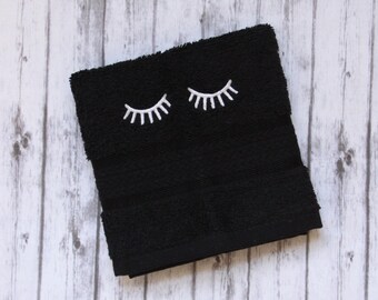 makeup washcloth, black makeup towel, embroidered bath wash cloth, monogrammed bath wash cloth, eyelash washcloth