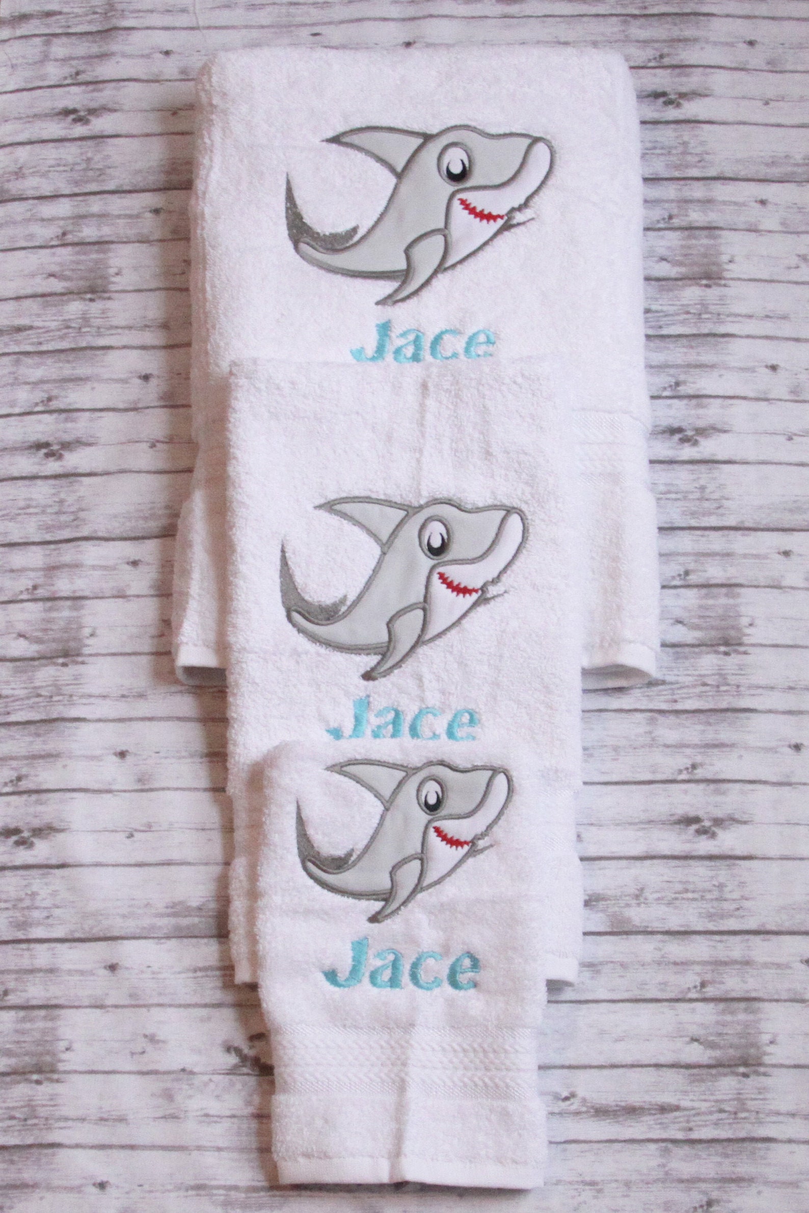 Shark Towel Set Embroidered Shark Bath Towels Boys Bathroom Etsy