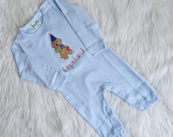Embroidered Long Sleeve Romper Puppy Dog Birthday Outfit