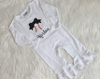 Long Sleeve Embroidered Baseball Ruffle Romper