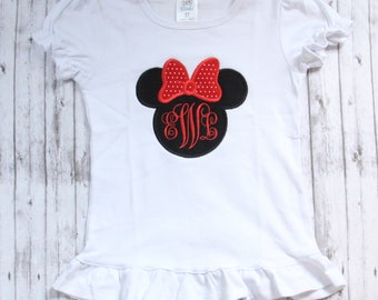 Monogrammed Minnie Ruffle Shirt, Minnie Mouse Shirt, Girls Disney Shirt, Embroidered Minnie T-shirt