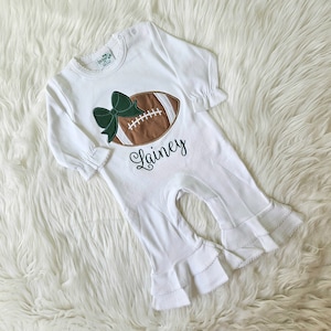 Long Sleeve Embroidered Football Ruffle Romper