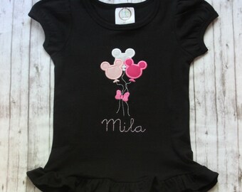 Monogrammed Disney Balloon Ruffle Shirt, Minnie Mouse Shirt, Girls Disney Shirt, Embroidered Minnie T-shirt