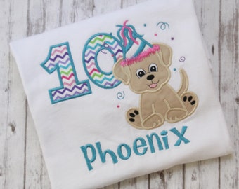 Embroidered Puppy Birthday Shirt, Girls puppy dog Birthday T-shirt, Little Girls Birthday Outfit, Puppy Shirt, Personalized birthday shirt