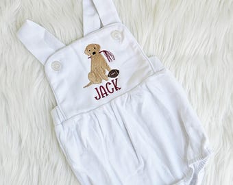 Embroidered Puppy Football Sunsuit, Monogrammed Baby Summer Outfit