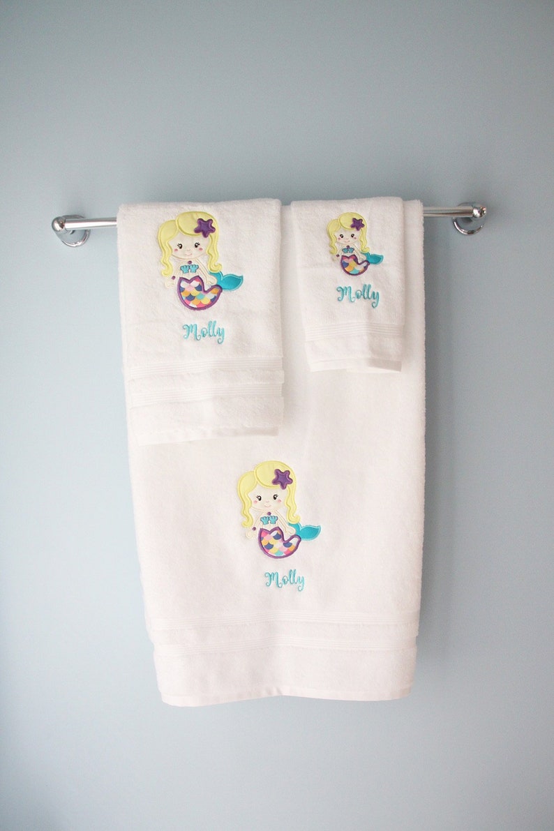 Mermaid Towel Set Embroidered Bath Towel Little Girls Etsy