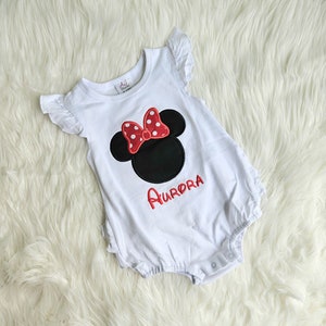 Disney Ruffle Romper, Baby Disney Outfit, Embroidered Pink Seersucker Minnie Disney Romper, girls Disney Outfit,