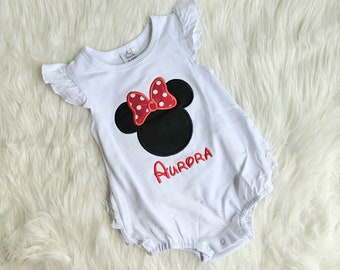 Disney Ruffle Romper, Baby Disney Outfit, Embroidered Pink Seersucker Minnie Disney Romper, girls Disney Outfit,