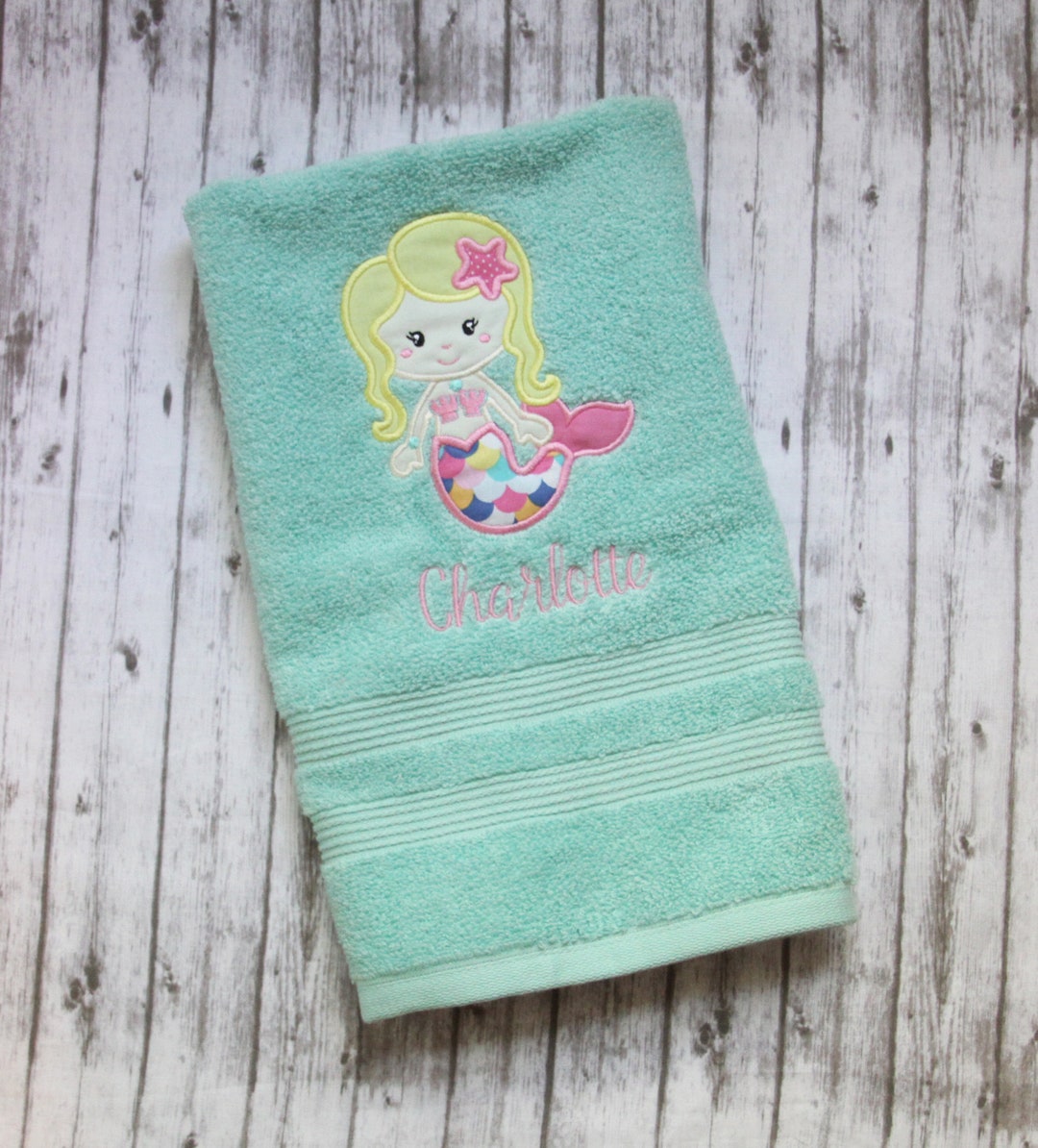 Mermaid Hand Towel, Embroidered Hand Towel, Little Girls Bathroom Decor