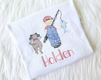 Embroidered Fishing with Dog shirt