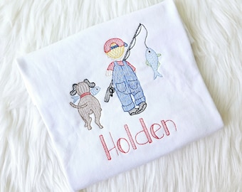 Embroidered Fishing with Dog shirt