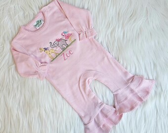 Long Sleeve Embroidered Ruffle Romper Zoo Animals