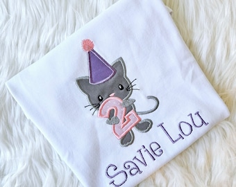 Embroidered Kitten Birthday Shirt, Girls Cat Birthday T-shirt, Little Girls Birthday Outfit, Kitten Shirt, Personalized birthday shirt