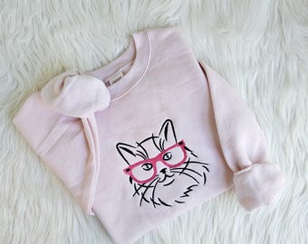 Cute Cat a With Glasses Embroidered Sweatshirt, Cat Mom Shirt