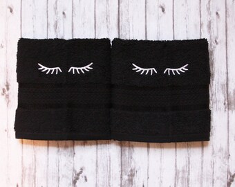 makeup washcloth, black makeup towel, embroidered bath wash cloth, monogrammed bath wash cloth, eyelash washcloth