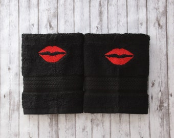 embroidered lipstick washcloth, black makeup towel, Lip bathroom decor, lipstick remover, makeup washcloth, makeup wash cloth