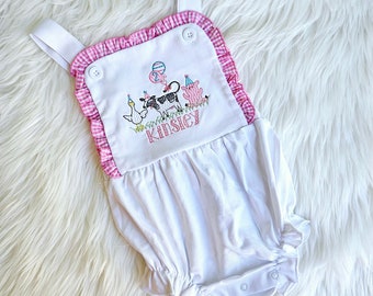 Embroidered Girls Sunsuit, Barnyard Animal Birthday Outfit