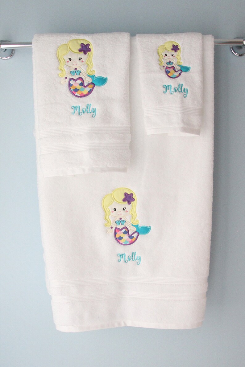 Mermaid Towel Set Embroidered Bath Towel Little Girls Etsy