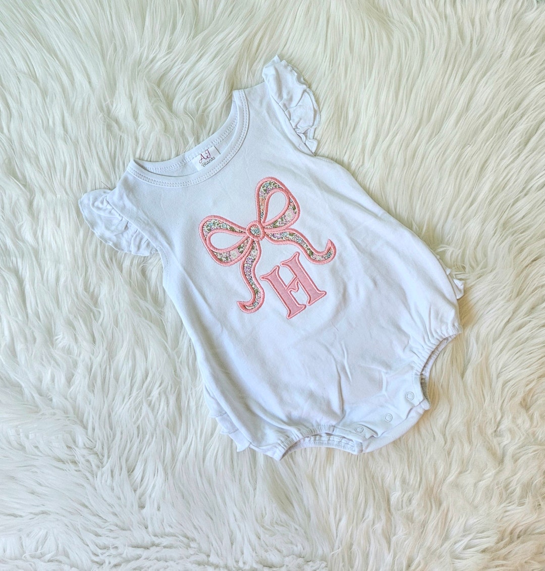 Ruffle Hem Long Sleeve Romper + Bow Bear Embroidery Adjustable Strap Pants + Hair Tie