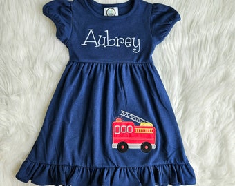 Girls Fire Truck Embroidered Dress