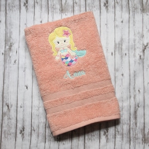 Mermaid hand towel, Embroidered hand towel, Little girls bathroom decor, Mermaid decor