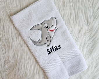 Shark Hand Towel, Embroidered Shark bath towel, Boys bathroom decor, Shark Bathroom decor, Ocean Theme Bathroom Decor
