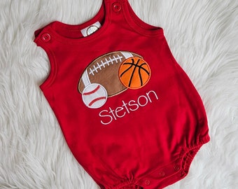 Embroidered Football, basketball, baseball Bubble Romper, Sports themed romper