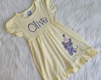 Embroidered Kitten Dress, Embroidered Cat Birthday Dress, Kitty Birthday Outfit