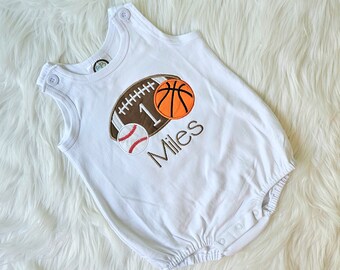 Embroidered Football, basketball, baseball Bubble Romper, Sports themed romper