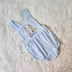 Embroidered Cowboy Boots Sunsuit, Monogrammed Western Birthday Outfit