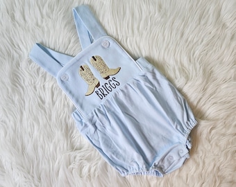 Embroidered Cowboy Boots Sunsuit, Monogrammed Western Birthday Outfit