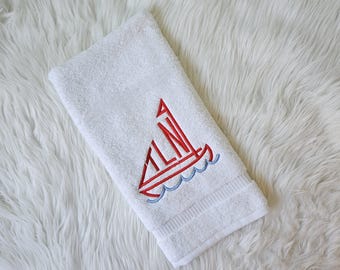 Embroidered Sailboat Monogrammed Towel, Nautical Towel
