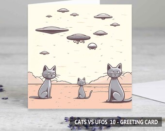 Cats vs UFOs 10 Greeting Cards - Birthday Card - Art Card - Funny Cards - Cat Lovers Cards - UFO Lovers Cards - Single Card & Sets Available