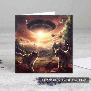 Gatos vs OVNIs 9 Cartões de felicitações - Cartão de aniversário - Cartão de arte - Cartões engraçados - Cartões para amantes de gatos - Cartões para amantes de OVNIs - Cartão único e conjuntos disponíveis