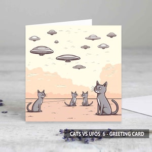 Cats vs UFOs 6 Grußkarten - Geburtstagskarte - Kunstkarte - Lustige Karten - Katzenliebhaberkarten - UFO-Liebhaberkarten - Einzelkarte und Sets erhältlich