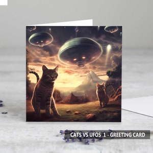 Cats vs UFOs 1 Grußkarten - Geburtstagskarte - Kunstkarte - Lustige Karten - Katzenliebhaberkarten - UFO-Liebhaberkarten - Einzelkarte und Sets erhältlich