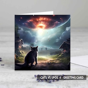 Cats vs UFOs 4 cartes de voeux - carte d'anniversaire - carte d'art - cartes drôles - cartes pour les amoureux des chats - cartes pour les amateurs d'ovnis - une carte et des ensembles disponibles