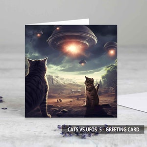Cats vs UFOs 5 cartes de voeux - carte d'anniversaire - carte d'art - cartes drôles - cartes pour les amoureux des chats - cartes pour les amateurs d'ovnis - une carte et des ensembles disponibles