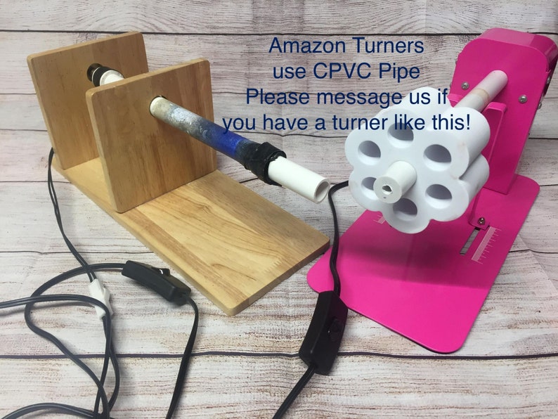 May include: Two wood and pink electric pottery turning wheels with a white plastic pipe and a white plastic wheel with holes. The text on the image reads "Amazon Turners use CPVC Pipe Please message us if you have a turner like this!"