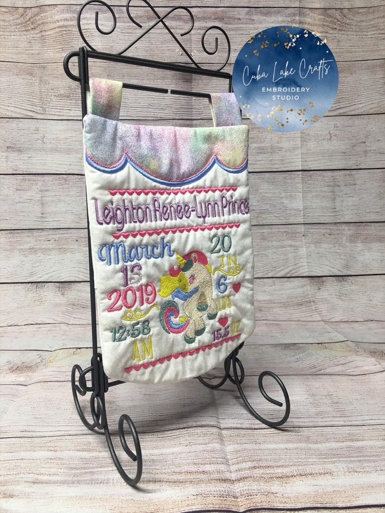 Unicorn Embroidered Birth Announcement Mini Quilt Wall Hanging ~ Personalized Birth Announcement ~ Baby Gift ~ Girl Birth Announcement