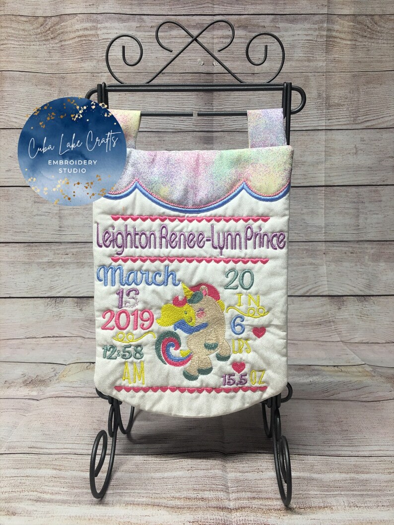 Unicorn Embroidered Birth Announcement Mini Quilt Wall Hanging ~ Personalized Birth Announcement ~ Baby Gift ~ Girl Birth Announcement