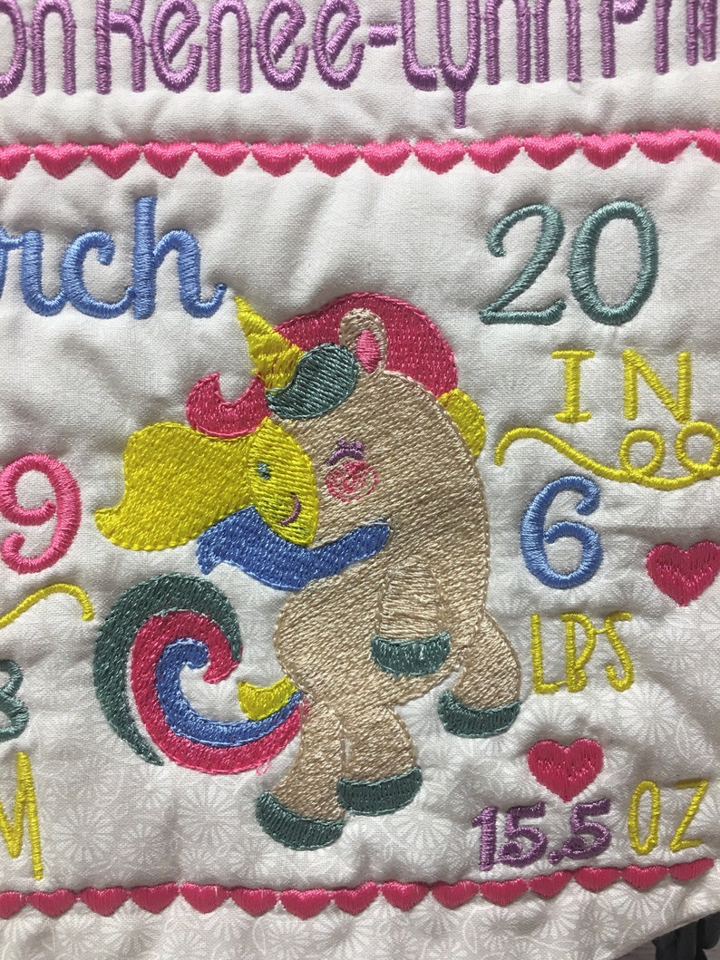 Unicorn Embroidered Birth Announcement Mini Quilt Wall Hanging ~ Personalized Birth Announcement ~ Baby Gift ~ Girl Birth Announcement
