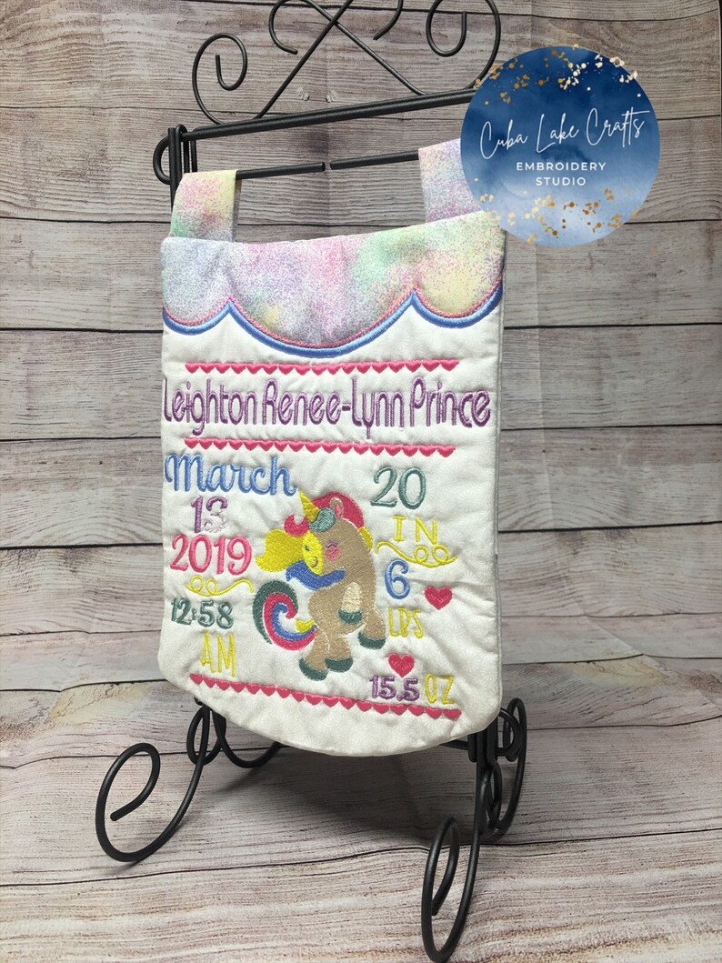 Unicorn Embroidered Birth Announcement Mini Quilt Wall Hanging ~ Personalized Birth Announcement ~ Baby Gift ~ Girl Birth Announcement