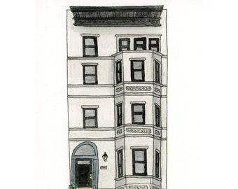 White Brooklyn Brownstone Painting | Watercolor, Park Slope, Apartment building, NYC