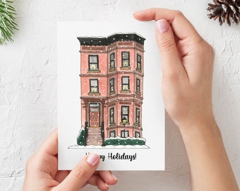 Brownstone Holiday Cards (10 PACK) | NYC, Christmas Cards, Brooklyn, Holiday Cards, Non denominational, New York City, Watercolor cards