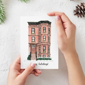 Brownstone Holiday Cards (10 PACK) | NYC, Kartki świąteczne, Brooklyn, Kartki świąteczne, Bezwyznaniowe, Nowy Jork, Karty akwarelowe